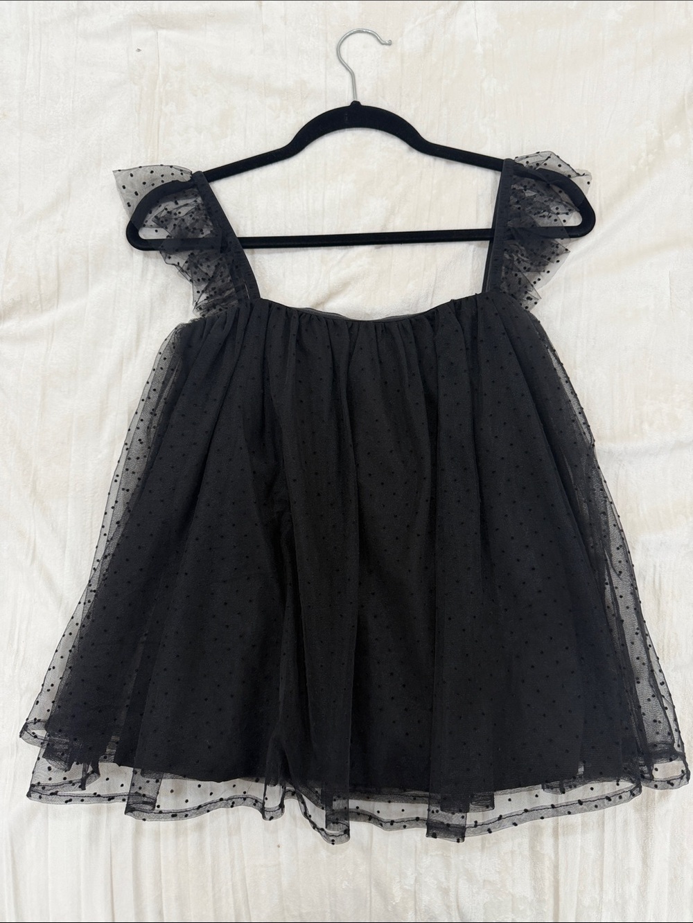 Black Dot Mesh Ruffle-Shoulder Women's Formal Top